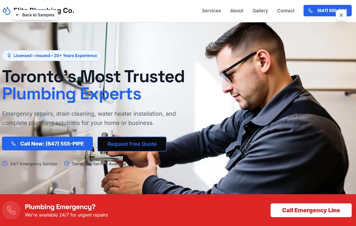 Full-page screenshot of the Elite Plumbing Co. sample website with plumbing services, before-and-after galleries, and instant quote forms