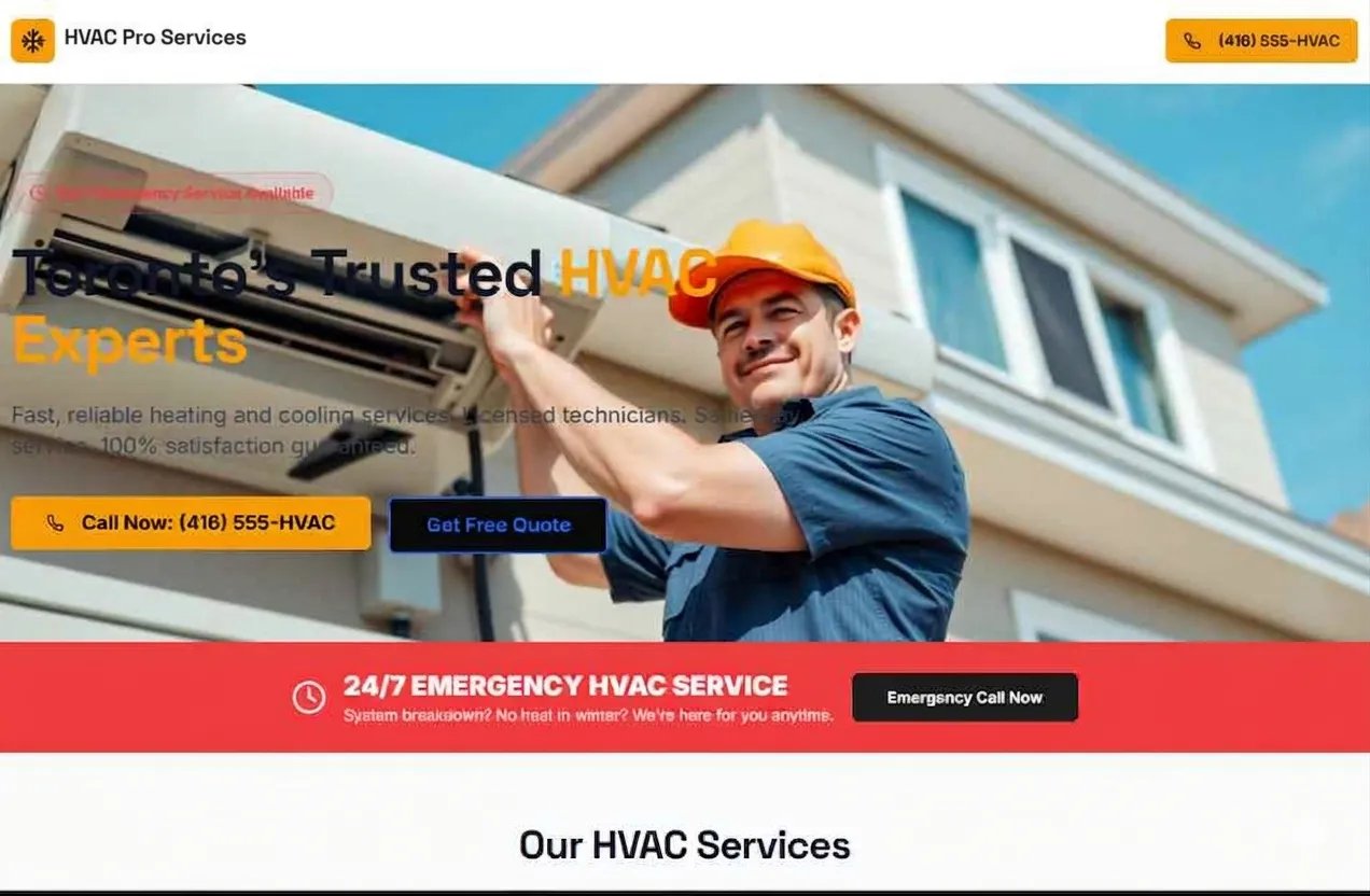 Full-page screenshot of the HVAC Pro Services sample website with online booking, service areas, and 24/7 emergency service information